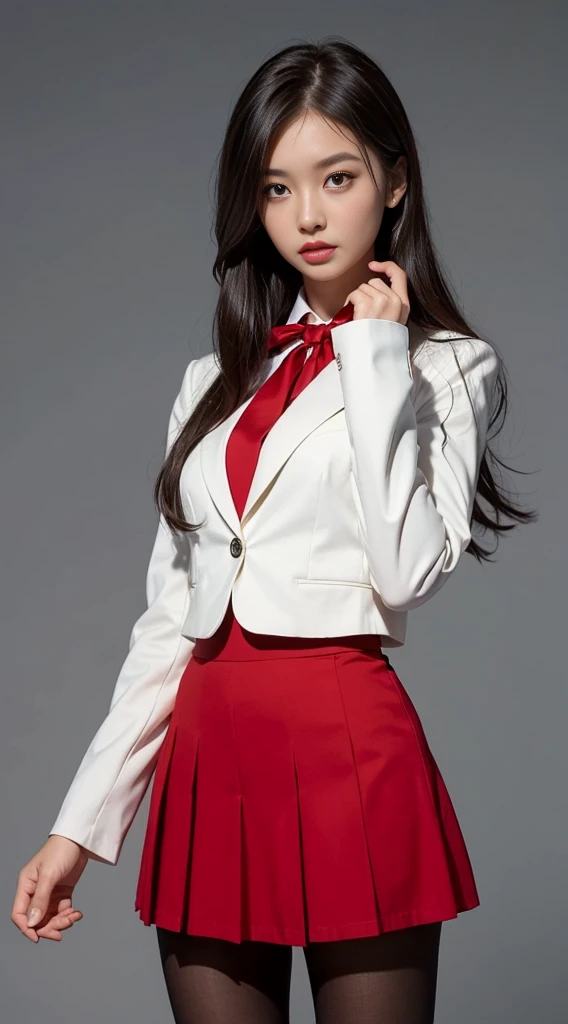 1Girl, Masterpiece, Best Quality, highs quality, Olga_animals, white_heads, ashy_eyes, Long hair, Hair between eyes, Long sleeves, blazer, Red Ascot, one-piece, skirt, Pantyhose, Very long hair, cowboy shots,