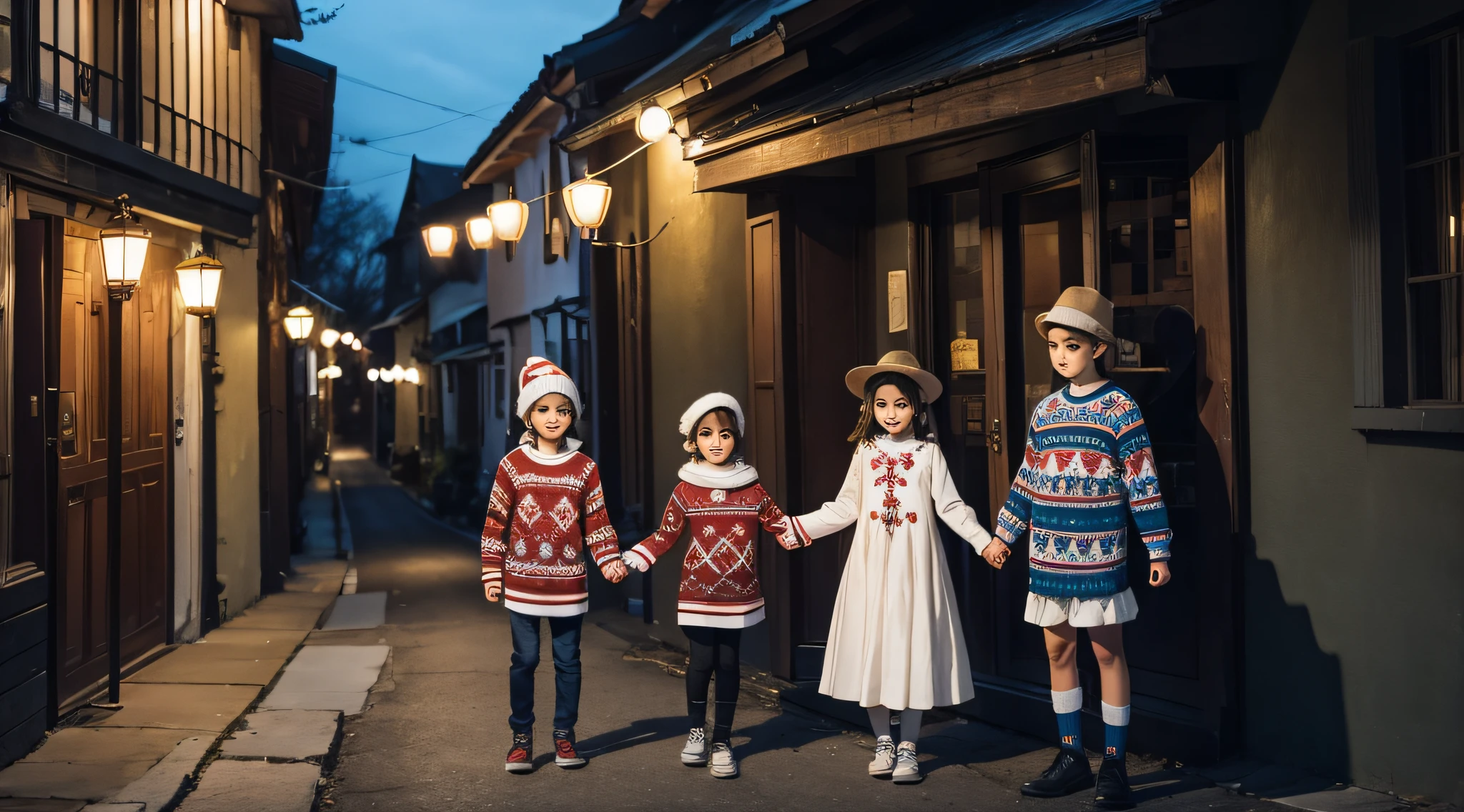 Create a visual representation of four kids—Tommy, Jenny, Alex, and Lily—dressed in festive sweaters, carrying lanterns, and standing together in front of a warmly lit house.