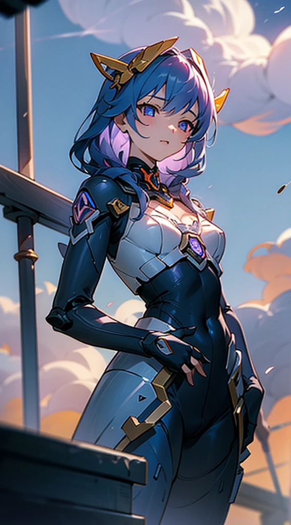High Definition, skyporn, Super cute girl, Clouds, Spear weapons, blazing, Cutting-edge girl robot, building, Glowing eyes, State-of-the-art mechanics, Science fiction, city, Real, Blue Main Mecha, Chest core,Like Poseidon,