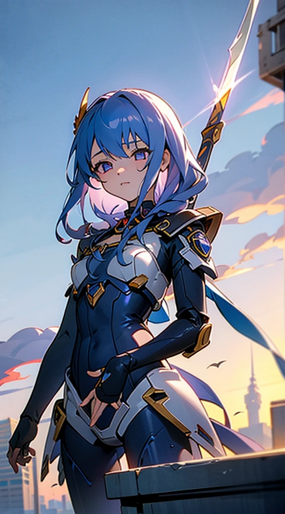 High Definition, skyporn, Super cute girl, Clouds, Spear weapons, blazing, Cutting-edge girl robot, building, Glowing eyes, State-of-the-art mechanics, Science fiction, city, Real, Blue Main Mecha, Chest core,Like Poseidon,
