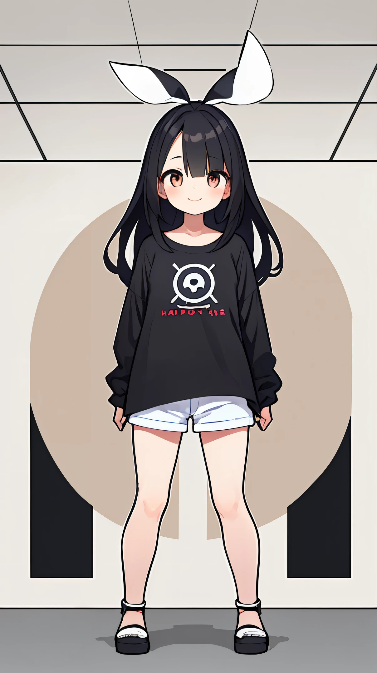 One girl with black hair, hair length until bust, straight hair, hair parted in center of head, round face. hairstyle with a center part, that the hair should be parted down the middle, creating a symmetrical look without any frontal hair covering the forehead. Looking straight. Looking straight at viewers. Smiling. Happy. Wearing casual shirt. Straight pose. Frontal view. Standing. Standing facing viewer. Full body