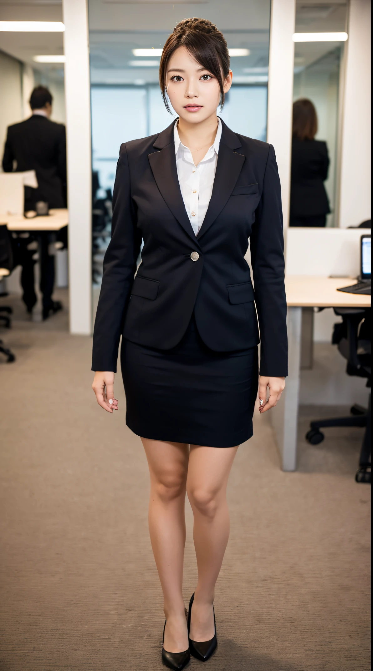 (masutepiece,High quality:1.3),(depth of fields:1.3) ,((front body:1.35)),  Japanese ,beautiful woman,Chignon,Black business suit,collared shirt, business skirt,Huge breasts,(Looking at Viewer:1.3),(Full body:1.1),office