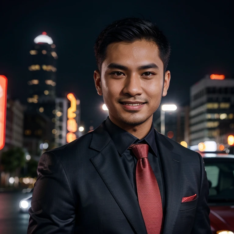Malay 30yo man , dark short hair with fade, dark suit,read tie, confident expression,round face,vibrant skin,smiling,handsome face,standing pose,city backdrop,professional studio lighting,realistic,a Ferrari, photorealistic:1.37,portraits,vivid colors,cool tone,soft lighting