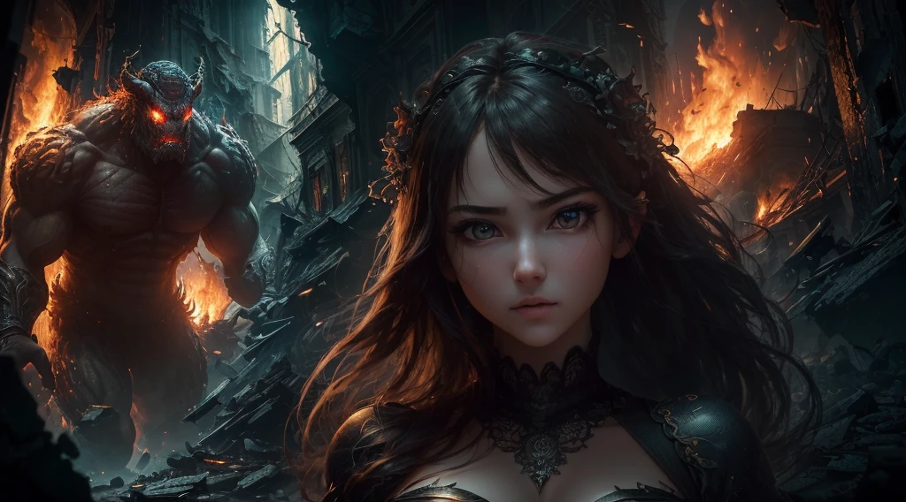 (in 8K, RAW Photos, top-quality, ​masterpiece:1.2), (realisitic, Photorealsitic:1.37), ultra-detailliert, high resolution,Beautiful Girl, Looking at Viewer, with Huge Monster, terrified expression,building crumbling, Burning flame, stunningly beautiful face, dynamic ungle