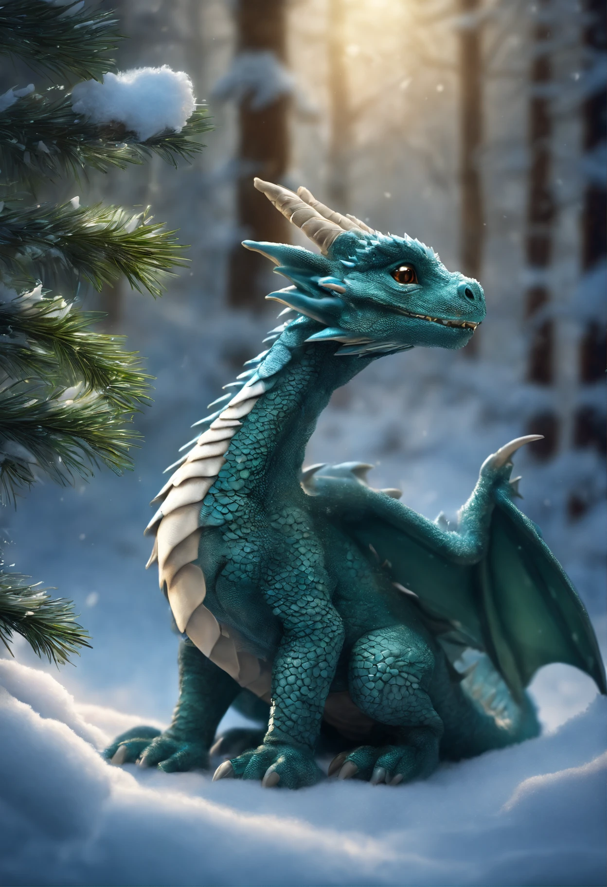 There is a small snow dragon, a little dragon stands by the Christmas tree, Little dragon hangs balls on the Christmas tree, gifts near the Christmas tree., little dragon in the winter forest near the Christmas tree, hung with crystal glowing balls, realistic fantasy illustration, Cute little snow dragon, by Adam Marczyński, Author: Kerembeyit, hyperrealistic fantasy art, adorable digital painting, Portrait of a Dragon, baby dragon portrait, Laszlo Balog, realistic fantasy painting, dragon art