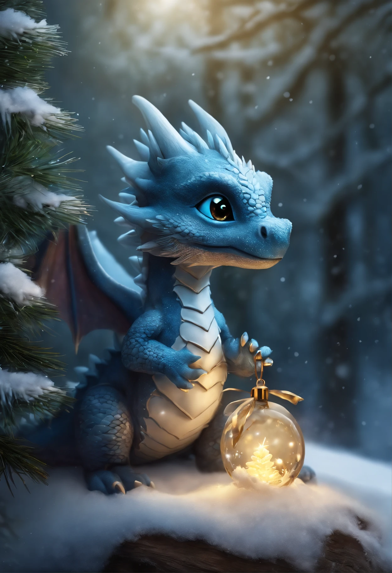 There is a small snow dragon, a little dragon stands by the Christmas tree, Little dragon hangs balls on the Christmas tree, gifts near the Christmas tree., little dragon in the winter forest near the Christmas tree, hung with crystal glowing balls, realistic fantasy illustration,  Cute little snow dragon, by Adam Marczyński, Author: Kerembeyit, hyperrealistic fantasy art, adorable digital painting, Portrait of a Dragon, baby dragon portrait, Laszlo Balog, realistic fantasy painting, dragon art