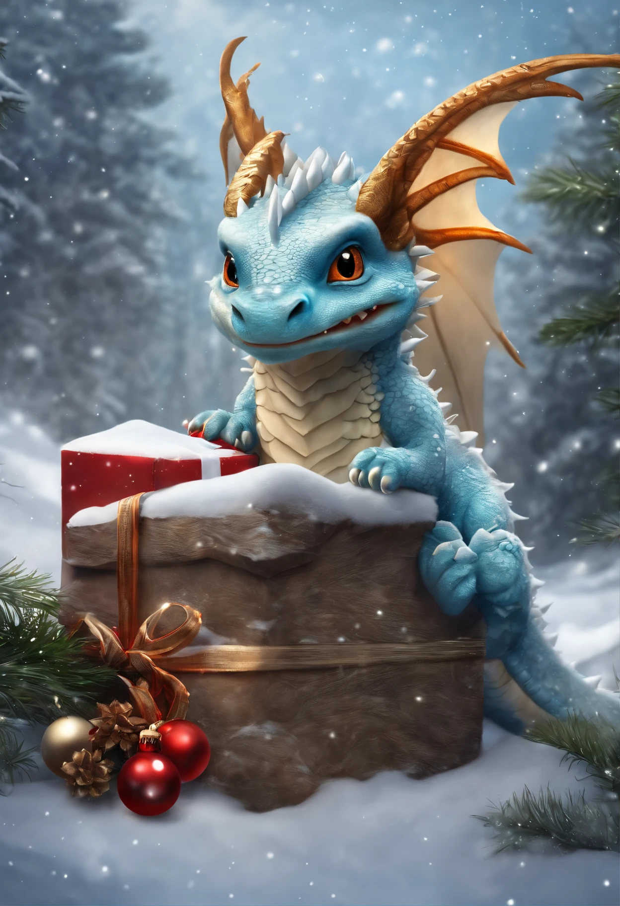 There is a small snow dragon, a little dragon stands by the Christmas tree, Little dragon hangs balls on the Christmas tree, gifts near the Christmas tree., little dragon in the winter forest near the Christmas tree, hung with crystal glowing balls, realistic fantasy illustration,  Cute little snow dragon, by Adam Marczyński, Author: Kerembeyit, hyperrealistic fantasy art, adorable digital painting, Portrait of a Dragon, baby dragon portrait, Laszlo Balog, realistic fantasy painting, dragon art