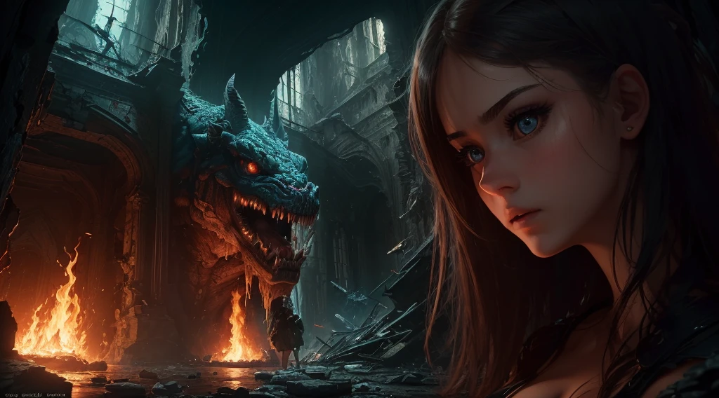 (in 8K, RAW Photos, top-quality, masterpiece:1.2), (realisitic, Photorealsitic:1.37), ultra-detailliert, high resolution,Beautiful Girl, Looking at Viewer, with Huge Monster, terrified expression,building crumbling, Burning flame, stunningly beautiful face, dynamic ungle