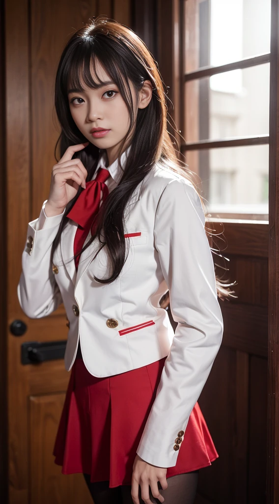 1Girl, Masterpiece, Best Quality, highs quality, Olga_animals, white_heads, ashy_eyes, Long hair, Hair between eyes, Long sleeves, blazer, Red Ascot, one-piece, skirt, Pantyhose, Very long hair, cowboy shots,