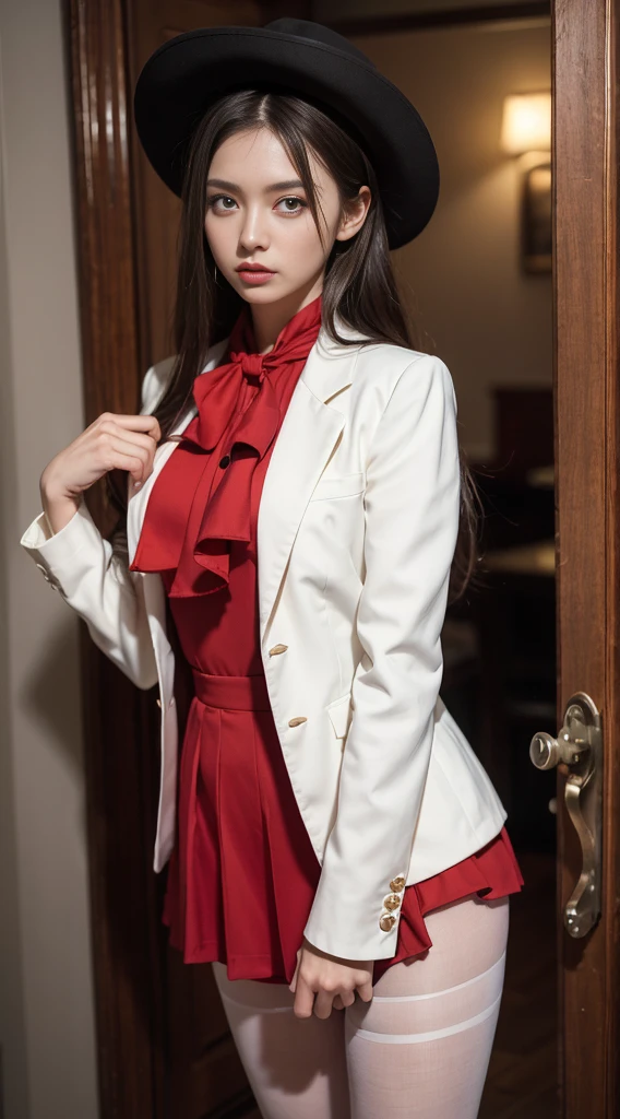 1Girl, Masterpiece, Best Quality, highs quality, Olga_animals, white_heads, ashy_eyes, Long hair, Hair between eyes, Long sleeves, blazer, Red Ascot, one-piece, skirt, Pantyhose, Very long hair, cowboy shots,