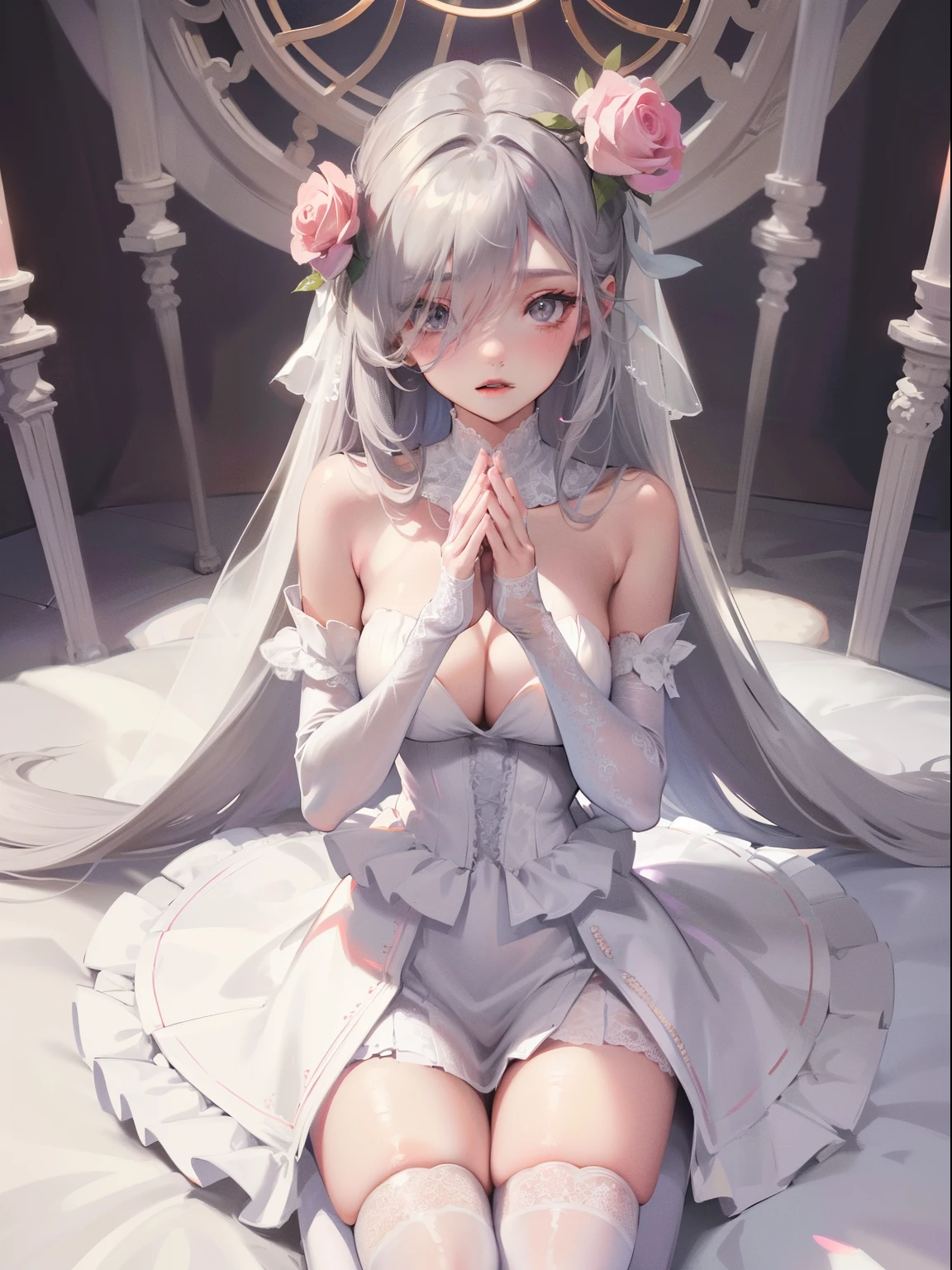 silber hair,butterflys,Long grey hair,Light pink wedding dresses,8k wallpaper,detailedbackground,Highest high resolution,Deep V Big,Hair covering one eye,Bandeau Wedding Dress,chies,white roses and pale pink roses,tight fitted,Stockings,(((perfect and cute hands)))