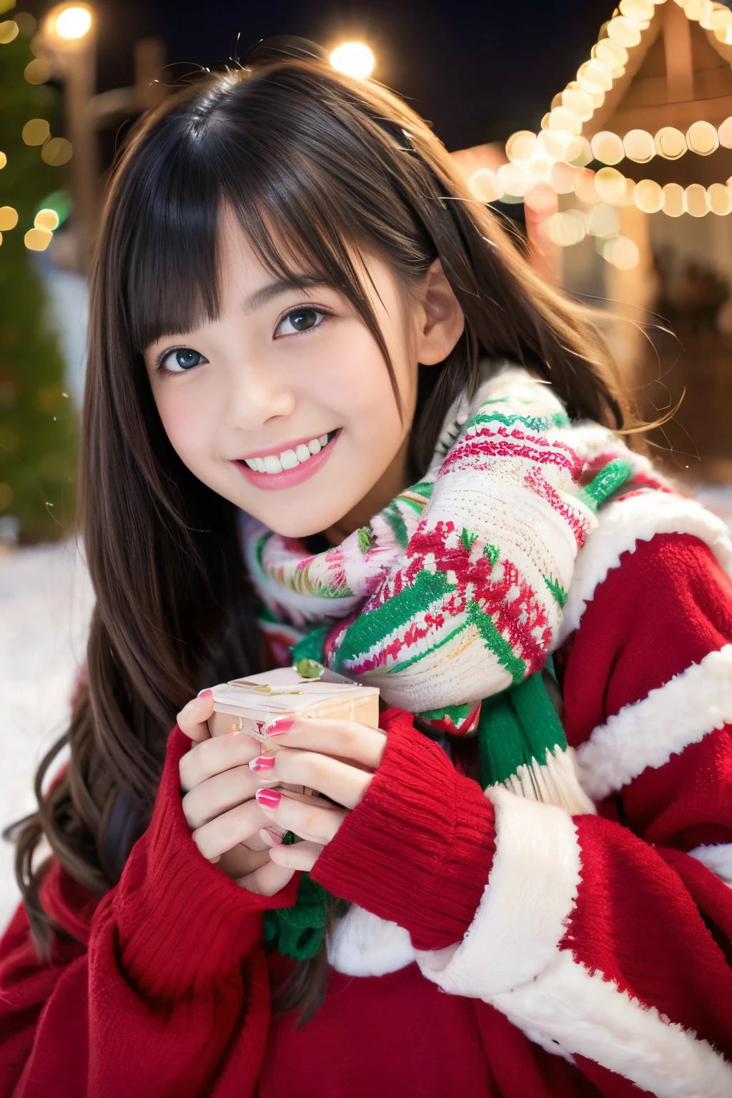(Best Quality,Photorealistic,hight resolution),2girls,Beautiful detailed eyes,Beautiful detailed lips,Smiling,Laughing,Cute,Christmas Eve,Happy,having fun,Winters,Joyful,excited,Twinkling lights,Decorated Christmas Tree,clew,cosy atmosphere,Warm fireplace,magical moments,sparkling stars,Glowing candles,snowflakes falling,ground covered with soft snow,colorful holiday decorations,red and green colors,Elegant dresses,Fluffy scarves,Happy memories,cherish sisterhood,love and laughter、16-year-old sisters、a baby face、childish、Looking at the camera、Present Box