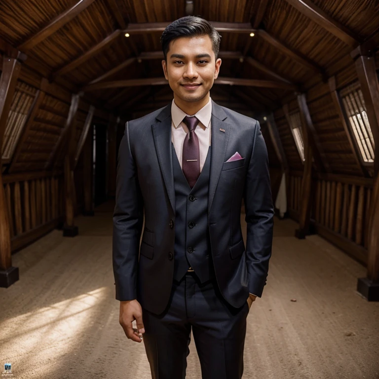 Malay 30yo man , dark short hair with fade, dark suit,read tie, confident expression,round face,vibrant skin,smiling,handsome face,standing pose,bungalow house backdrop,professional studio lighting,realistic, photorealistic:1.37,portraits,vivid colors,cool tone,soft lighting
