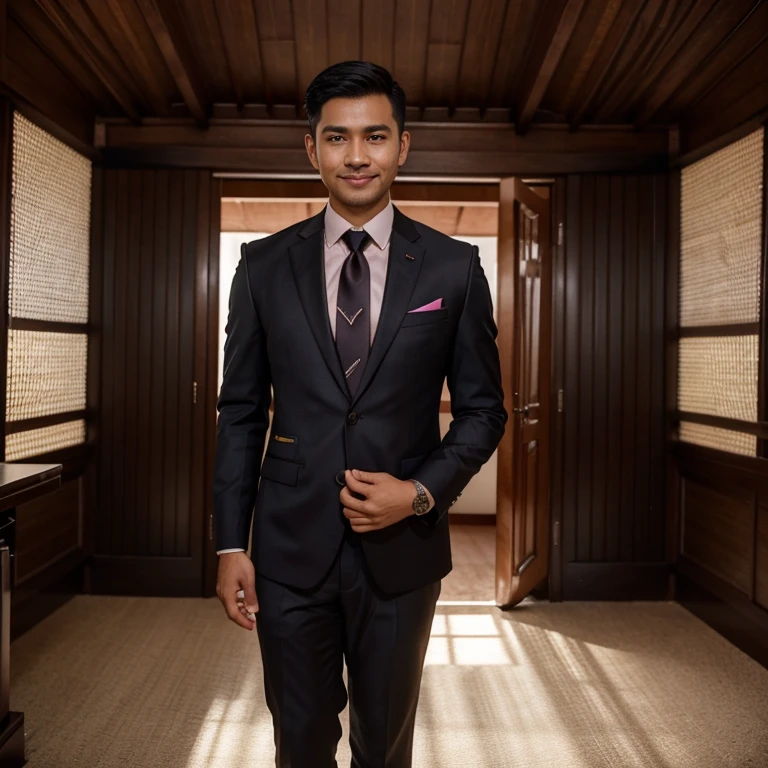 Malay 30yo man , dark short hair with fade, dark suit,read tie, confident expression,round face,vibrant skin,smiling,handsome face,standing pose,bungalow house backdrop,professional studio lighting,realistic, photorealistic:1.37,portraits,vivid colors,cool tone,soft lighting