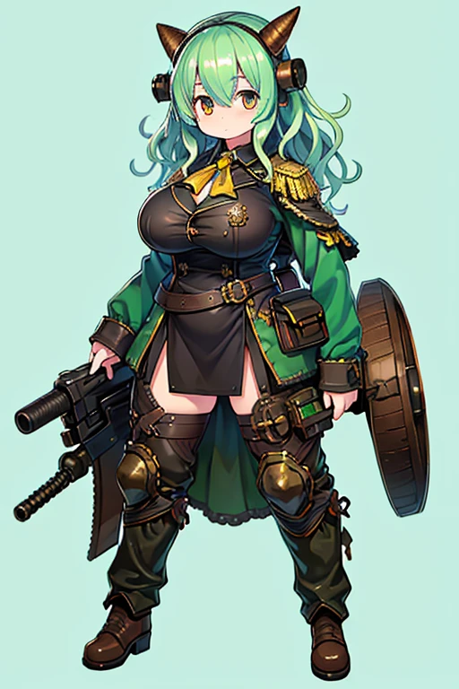 ((Live 2D)) masutepiece, 1girl in, full - body, standing straight, steampunk clothes, military gear, looking a viewer, Detailed Face, Girl with green wavy hair, Bangs, Metal Sheep Horns, Gradient hair, multi-colored hair, light green hair, turquoise hair ends, Wavy Hair, gradient eyes, orange background for eyes, whitebackground: 1.3)