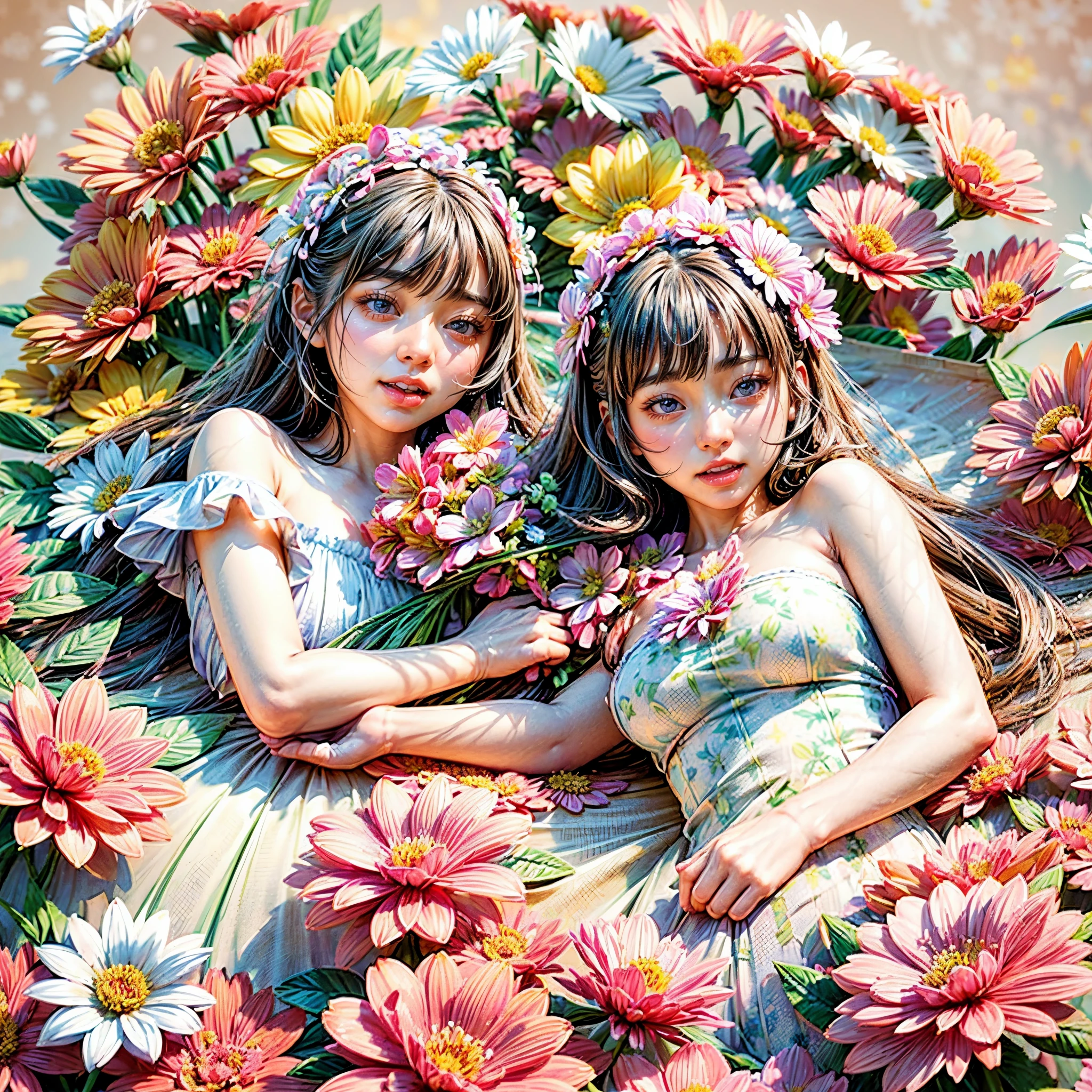 (((KAWAII girls laying on flowers, flower background, concept art))), ((SFW)), (nipple:-0.9), (Acutance:0.8), (Extremely Detailed KAWAII Face variations), ( 8K finest-quality, ultra-detailed), ( realistic, (Hyper-Realism:1.37)), an extremely delicate and beautiful, (( covered girl's body with many many flowers)), (( no extra limbs )) . full of flowers, filled with flowers, Overflowing flowers .