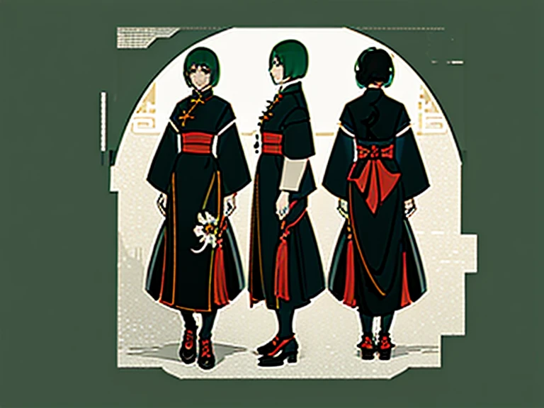 tmasterpiece,beste-Qualit,1girll,dark green hair,Short, detailed hair,Black Eyes,Chinese outfit,goggle eyes,Three types,Character drawings,identical outfits,