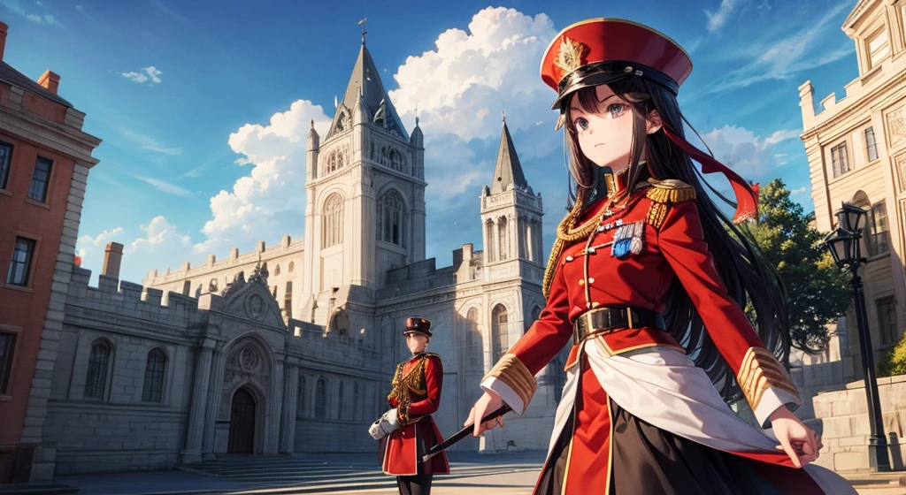 English guard, wear red uniform & black cylinder hat, near the castle entrance