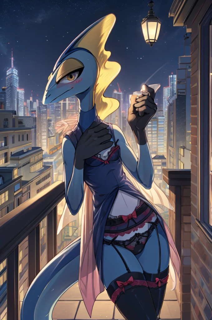 1animal、Inteleon wearing sexy pink lingerie with a small sexy ribbon.、Night view of the city、On the rooftop、knee high socks、garterbelts、The wind is blowing、blushing、fingers in panties、One hand is raised、Looking at the camera