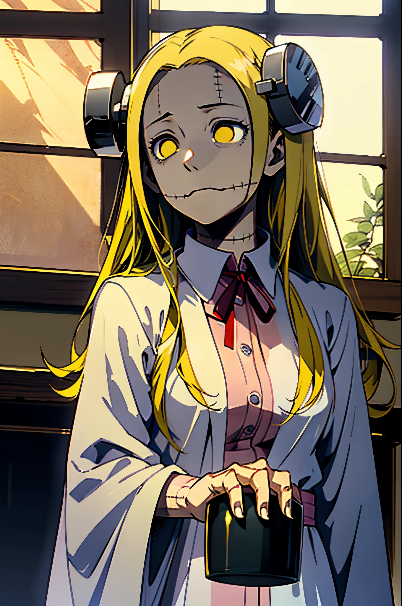 Madaraki_Fran,A  girl , drinks coffee from a mug , surgeon&#39;gown , clear face , Clean hands , hairlong , yellow hair,seams , Scars on the body , A creepy look , scary eyes , An intimidating look , creepy smile , bags under eyes, ((((Tired))))