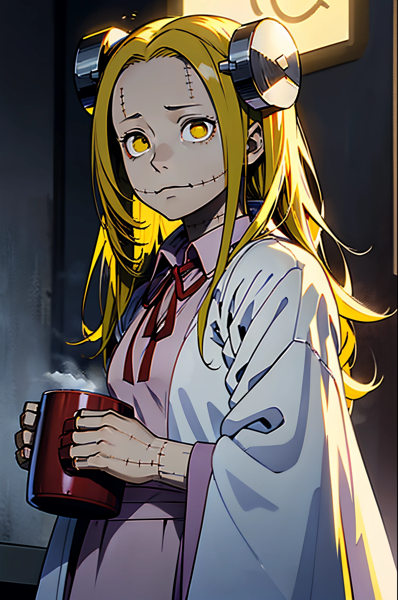 Madaraki_Fran,A girl , drinks coffee from a mug , surgeon'gown , clear face , Clean hands , hairlong , yellow hair,seams , Scars on the body , A creepy look , scary eyes , An intimidating look , creepy smile , bags under eyes, ((((Tired))))