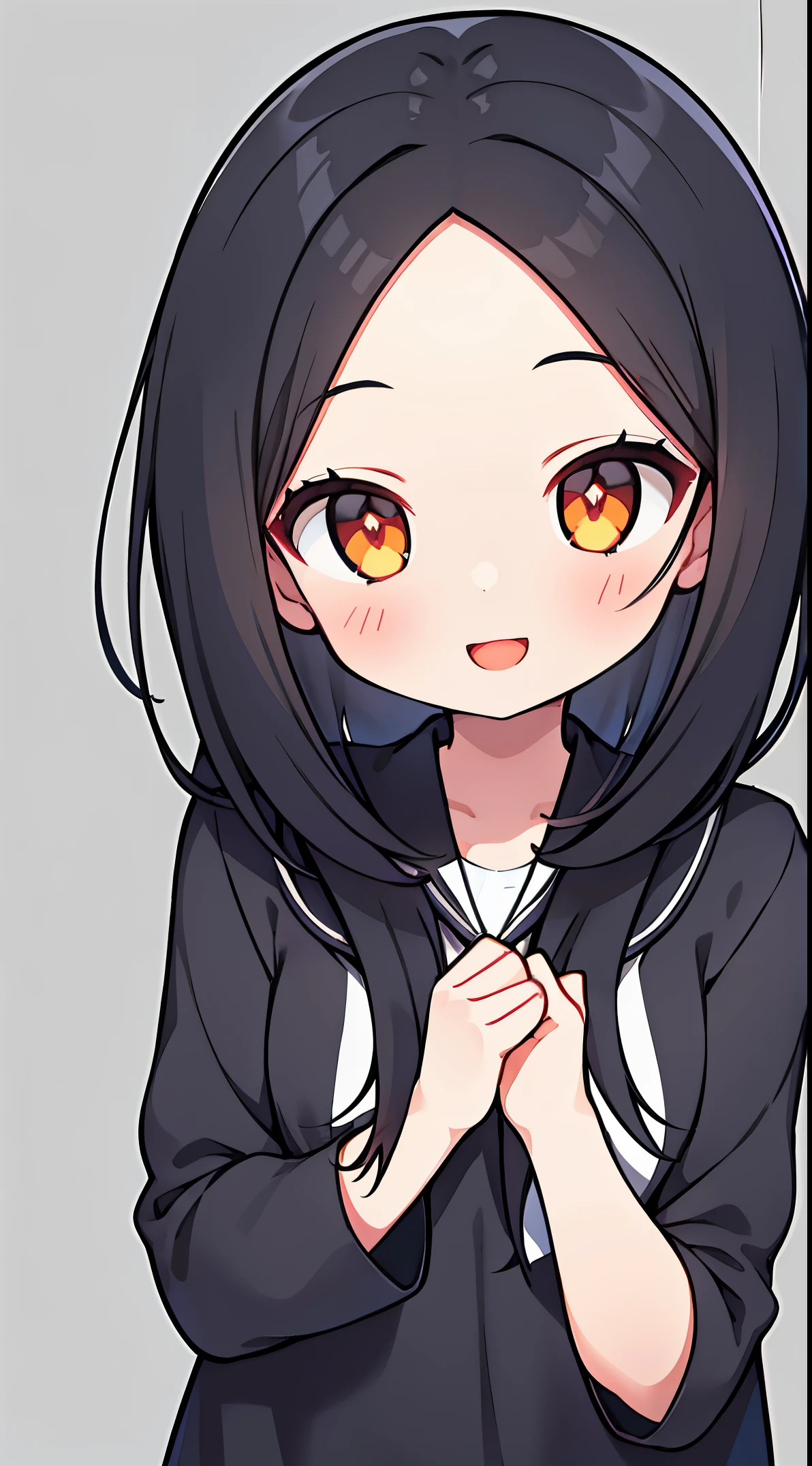 One girl with black hair, hair length until bust, straight hair, hair parted in center of head, round face. hairstyle with a center part, that the hair should be parted down the middle, creating a symmetrical look without any frontal hair covering the forehead. Looking straight. Looking straight at viewers. Smiling. Happy. Wearing casual shirt. Straight pose. Frontal view