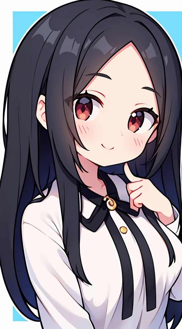 One girl with black hair, hair length until bust, straight hair, hair parted in center of head, round face. hairstyle with a center part, that the hair should be parted down the middle, creating a symmetrical look without any frontal hair covering the forehead. Looking straight. Looking straight at viewers. Smiling. Happy. Wearing casual shirt. Straight pose. Frontal view