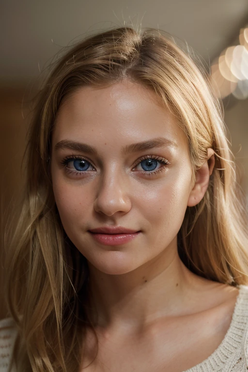 (realistic, photo-realistic:1.4),(8k, RAW photo, best quality, masterpiece:1.2), cute, ultra-detailed,heart-shaped pupils, physically-based rendering, ultra high res, kodakvision color, shot on Arricam LT Camera, bokeh, sharp focus, looking at viewer, photorealistic,realistic, solo, photorealistic, best quality,extremely detailed face,extremely detailed eyes and face, (blond girl,) clear eyes, beautiful detailed eyes,absurdres, incredibly absurdres,(haunting smile),Messy hair, floating hair, round clear big eyes, clear big eyes, moist red lips, sweet, girl, Off Shoulder, Clavicle, Highlight, Knit, Blue Knit, Red Knit, Smile, Smile, Slightly Visible, oversized_sweater, Soft Lighting,