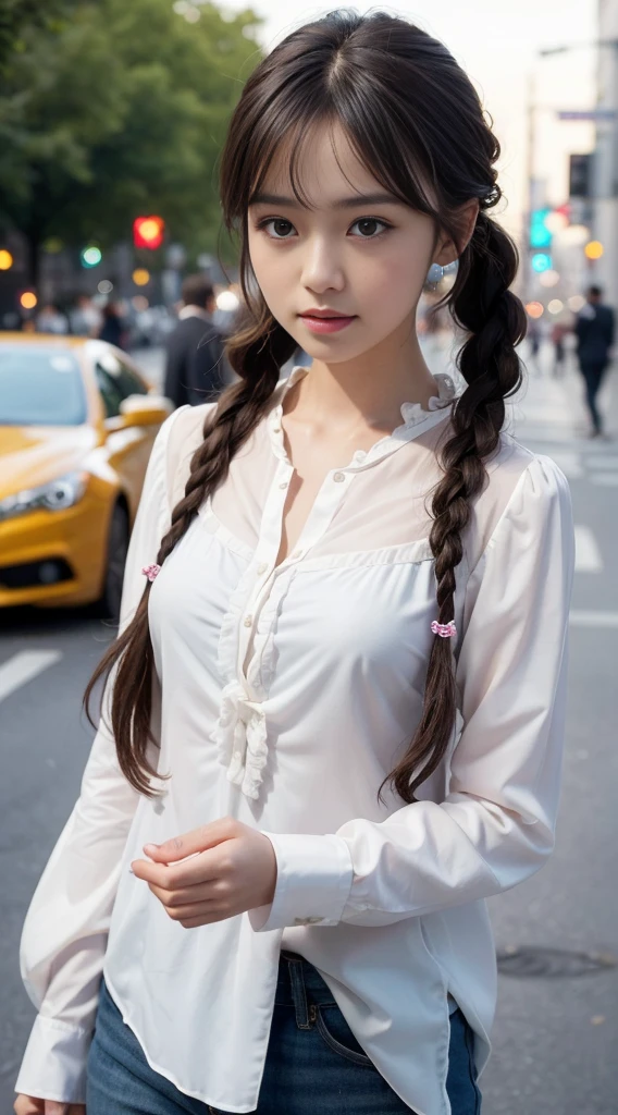 Best Quality, Photorealistic, 1Girl, girls,(skindentation), Middle breast, (bright), (Professional Lighting, Bokeh), (Street), people, crowd of, Braided bangs, (blouse:1.5), (wearing:0.8), splendid, Bloom, floating hair, (Dynamic Pose:0.6) , Soft lighting,