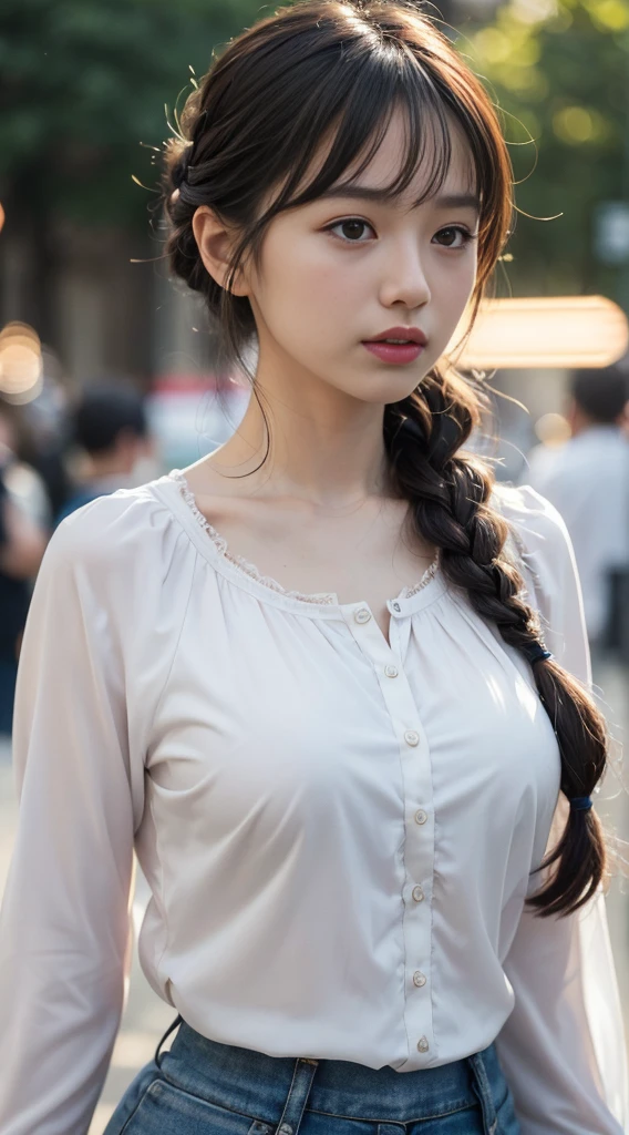 Best Quality, Photorealistic, 1Girl, girls,(skindentation), Middle breast, (bright), (Professional Lighting, Bokeh), (Street), people, crowd of, Braided bangs, (blouse:1.5), (wearing:0.8), splendid, Bloom, floating hair, (Dynamic Pose:0.6) , Soft lighting,