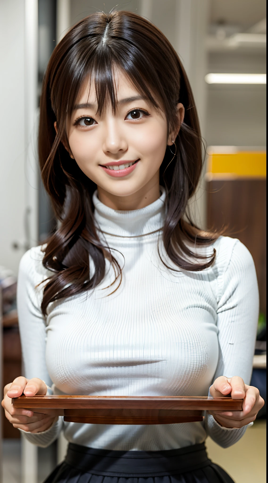 (1girl, pretty, Japanese), (smile), (turtleneck sweater), (breasts on tray:1.2), round tray, mini-skirt, office, bangs, long hair,