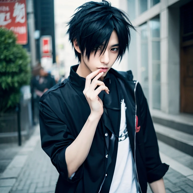 Give me a super hot anime emo guy smoking