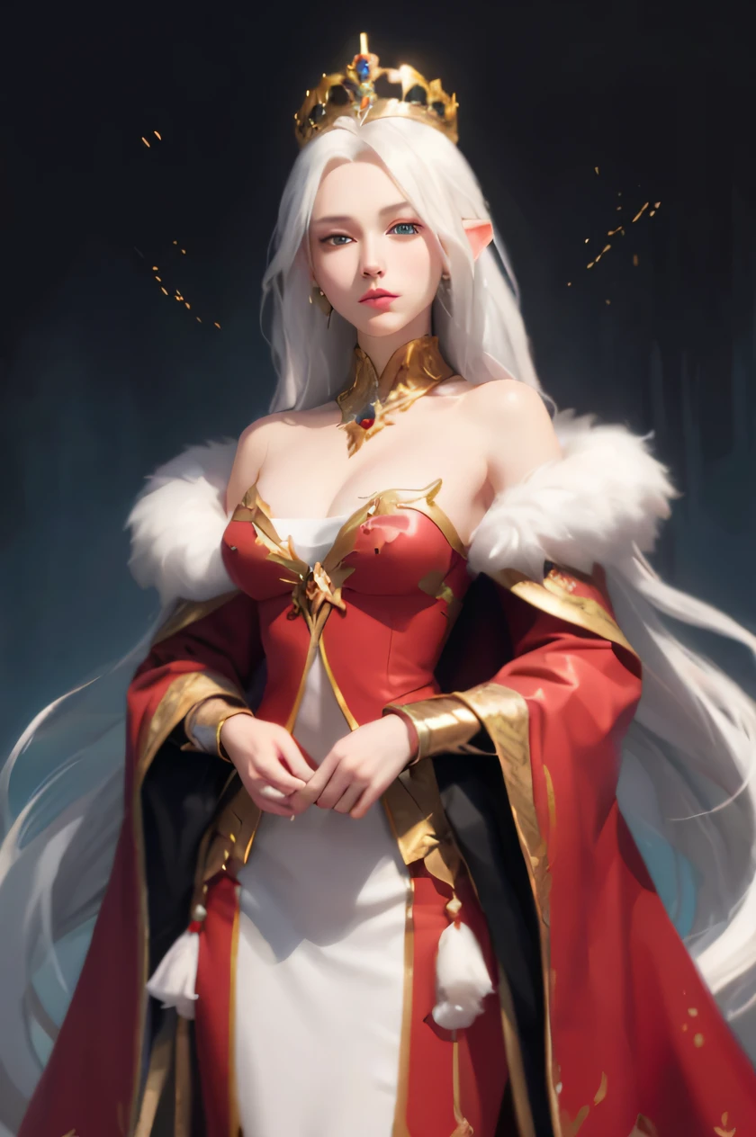 One dressed in red、Close-up of woman wearing crown, A queen,White hair,God girl,Holy,Infrared sleeve,flashy clothes,white-haired god, portrait of an elf queen, Ross Painting 1. 0, beautiful fantasy empress, Portrait of a knight of the zodiac girl, Ross Painting 2. 5, Female Mage Portrait, ((beautiful fantasy empress)), RossDraw Portrait, Wop Ross Draw, Fire Emblem Edelgard