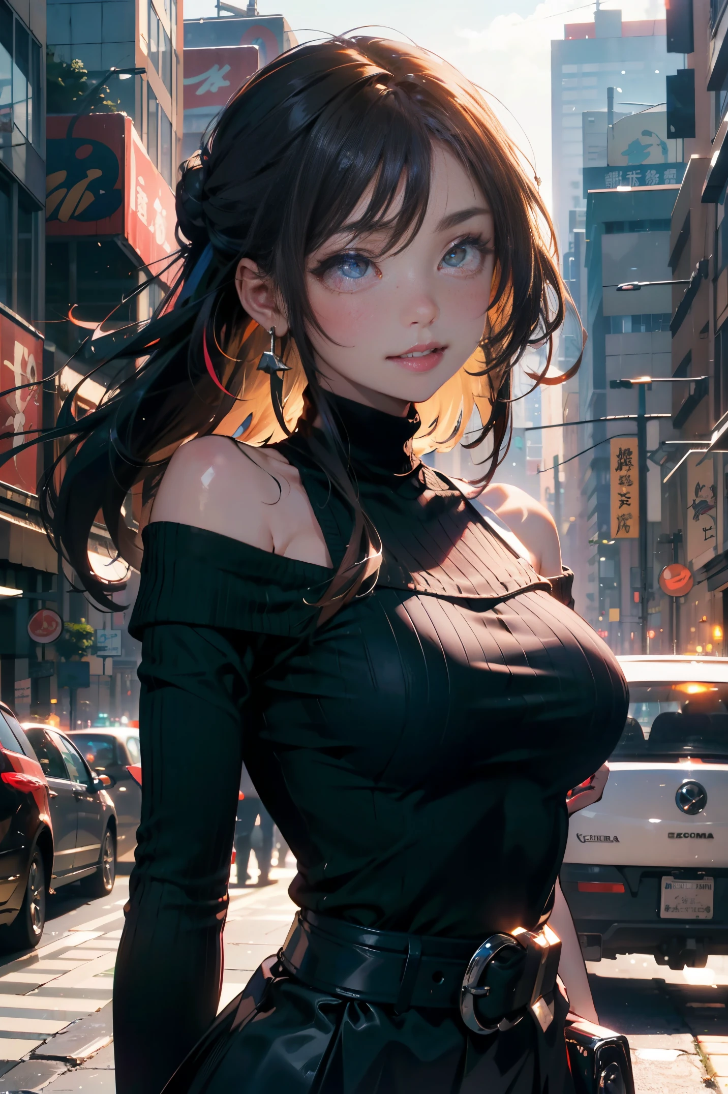 a 20 yo woman、Black blue Hair、poneyTail、Bun hair、Big smile、iridescent eye op fade:1.3)、dark themed、Muted Tones、Subdued Color、highly contrast、(natural skin textures、Hyper-Realism、Soft light、sharp)、8K、​masterpiece、 top-quality、The ultra -The high-definition、Top resolution、ighly detailed、Background with、Modern City、Skyscraper、main street、Professonal lighting、电影灯光、extremely details CG、On the side of the street、Holographic Signals、sign、Wide View、Sharp Noor&#39;s body pose、Angular focus from behind、Turning Pose、de pele branca、Beautuful Women、23years old、(A detailed eye、Almond Eye、brown right pupil、Gradient Eyes:1、finely detailed beautiful eye:1、Symmetrical eyes:1、big highlight on eyes:1.2)、(Red-brown hair、Bob Hair、The non-target hair on the left and right is disordered.)、(long  skirt、with a belt、long court、Sweater off-shoulder 、beige colors、Hand-knitted neck muffler)、Beautiful long and thin hip line、Beautiful spine、constricted back、Toned waist、Hip line emphasis、cheeks are a little red、beutiful breast、Breast is an A cup) 、(Round face: 1.4)、(Fine fingers、detailed arms、detailed human hands)、laughter half open、teeth showing、Beautiful hip line