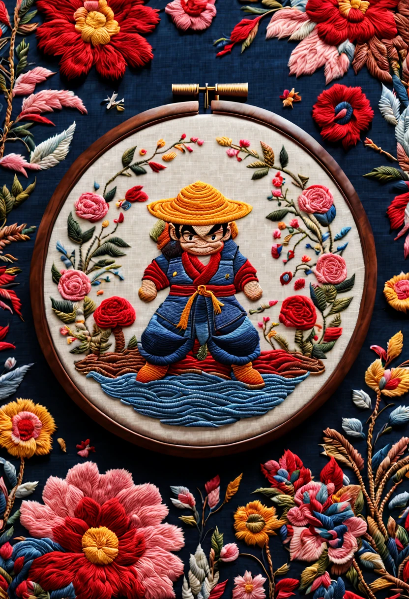 by akira toriyama, (embroidery circle, 3d framed embroidery, macro detailed stitching, intricate fabric texture), needle embroidery, Needlepoint, fantasy art, whimsical, (best quality, masterpiece, Representative work, official art, Professional, unity 8k wallpaper:1.3)