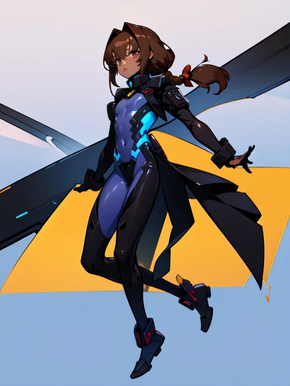 Masterpiece, highres, {otokonoko} {flat chest} dark skin, big innocent hazel eyes, medium hair, dark brown hair, long pony tail braided, wearing a fullbody exosuit with a long black esper jacket, long blavk trenchcoat,