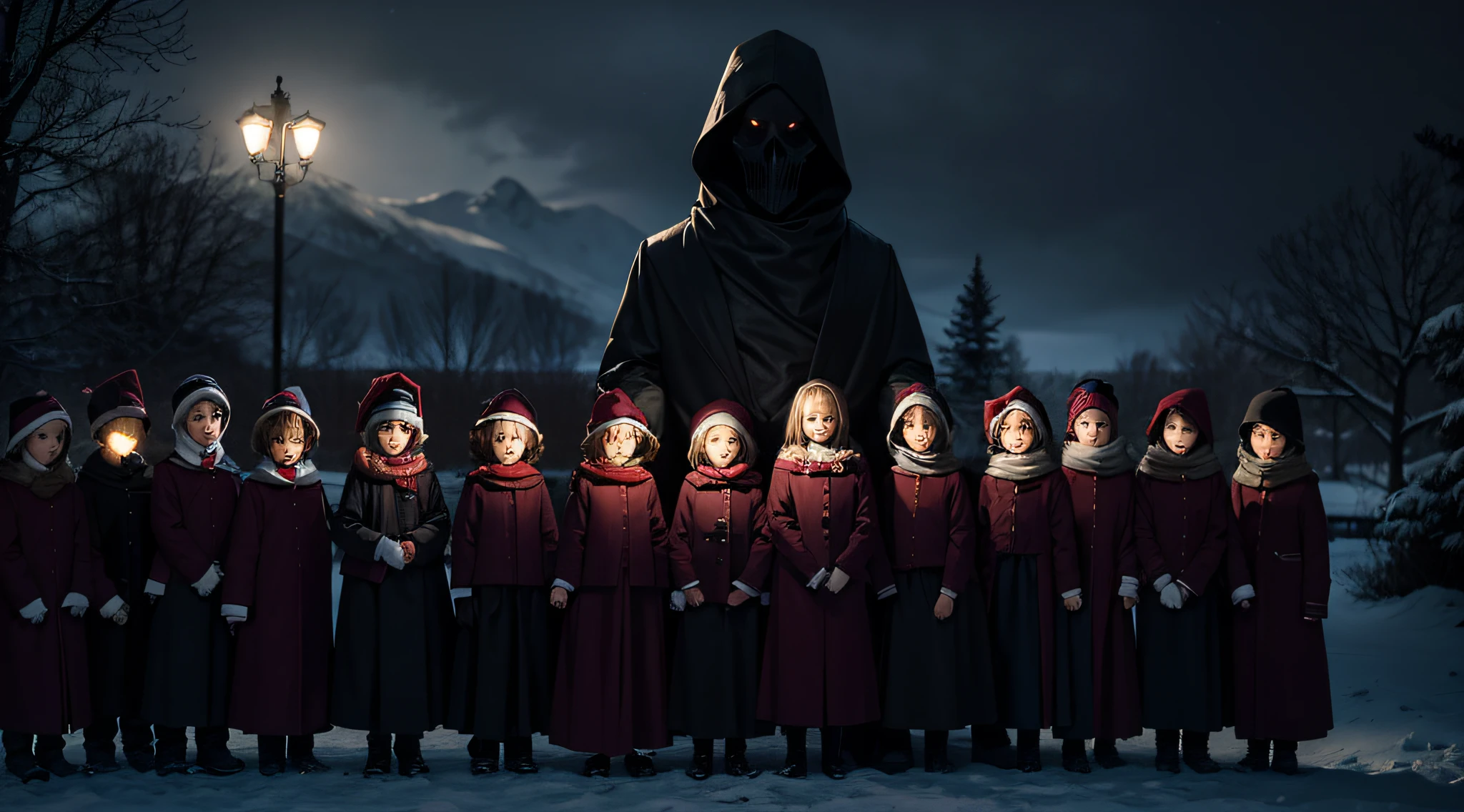 Create an image of the children nervously continuing their caroling, with an eerie figure forming behind them, blending with the wintry night.