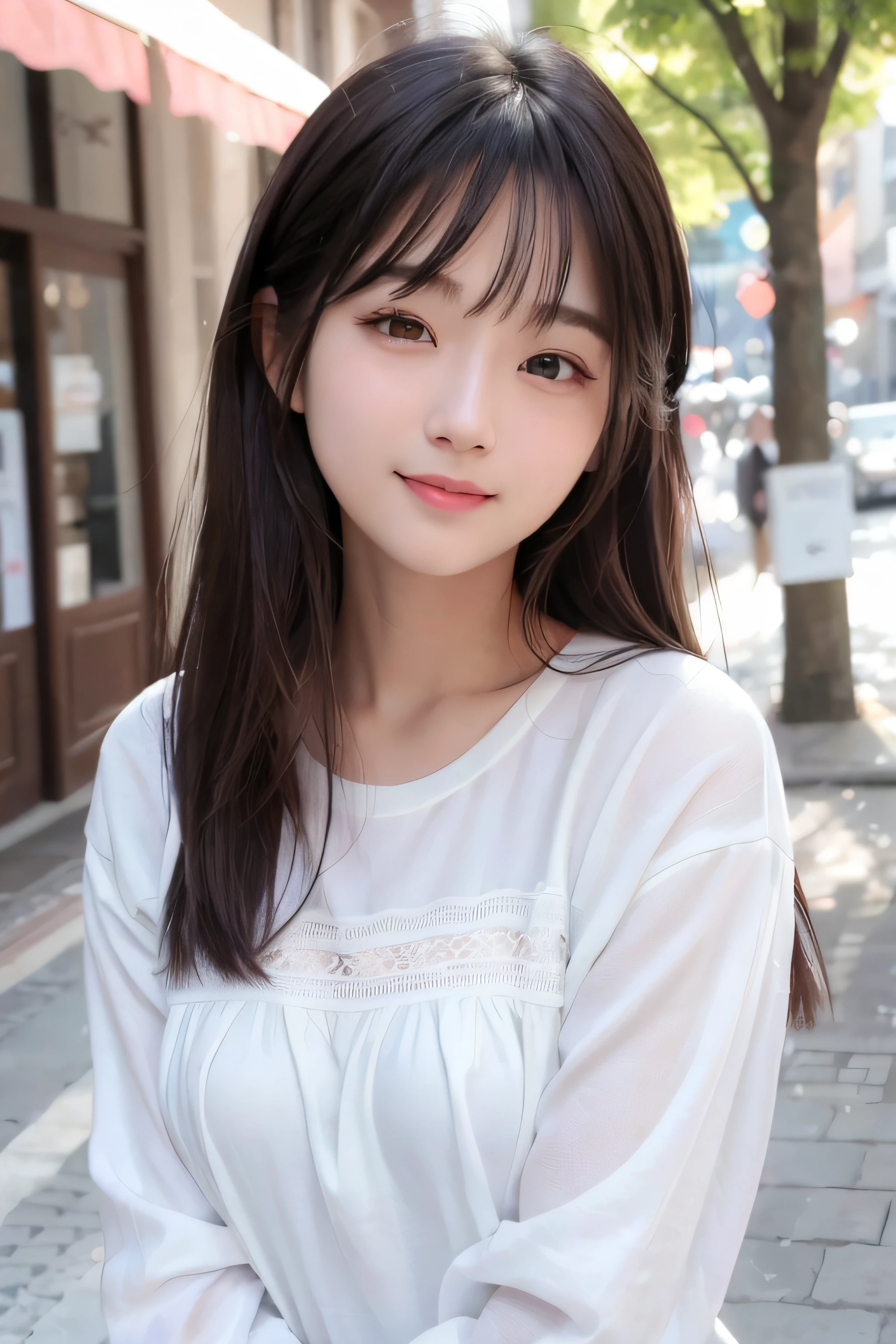 (8K、top-quality、masterpiece:1.2)、(reallistic、Photorealsitic:1.37)、The ultra-detailliert、女の子1人、23years old、Medium chest、Beautie、Beautiful and perfect face、Natural smile、独奏、holiday、Bustling street、shopping、Fashionable clothes、Redness of the nose)、(A smile:1.15)、(With mouth closed) 、beautidful eyes、(long:1.2)、Floating hair 、Middle hair、