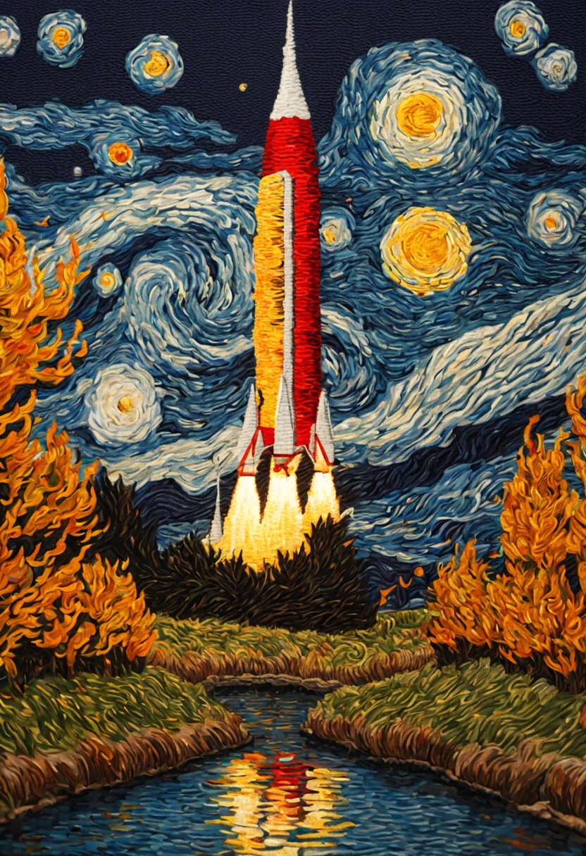 by van gogh, a rocket launching, (3d framed embroidery, macro detailed stitching), intricate, (best quality, masterpiece, Representative work, official art, Professional, unity 8k wallpaper:1.3)