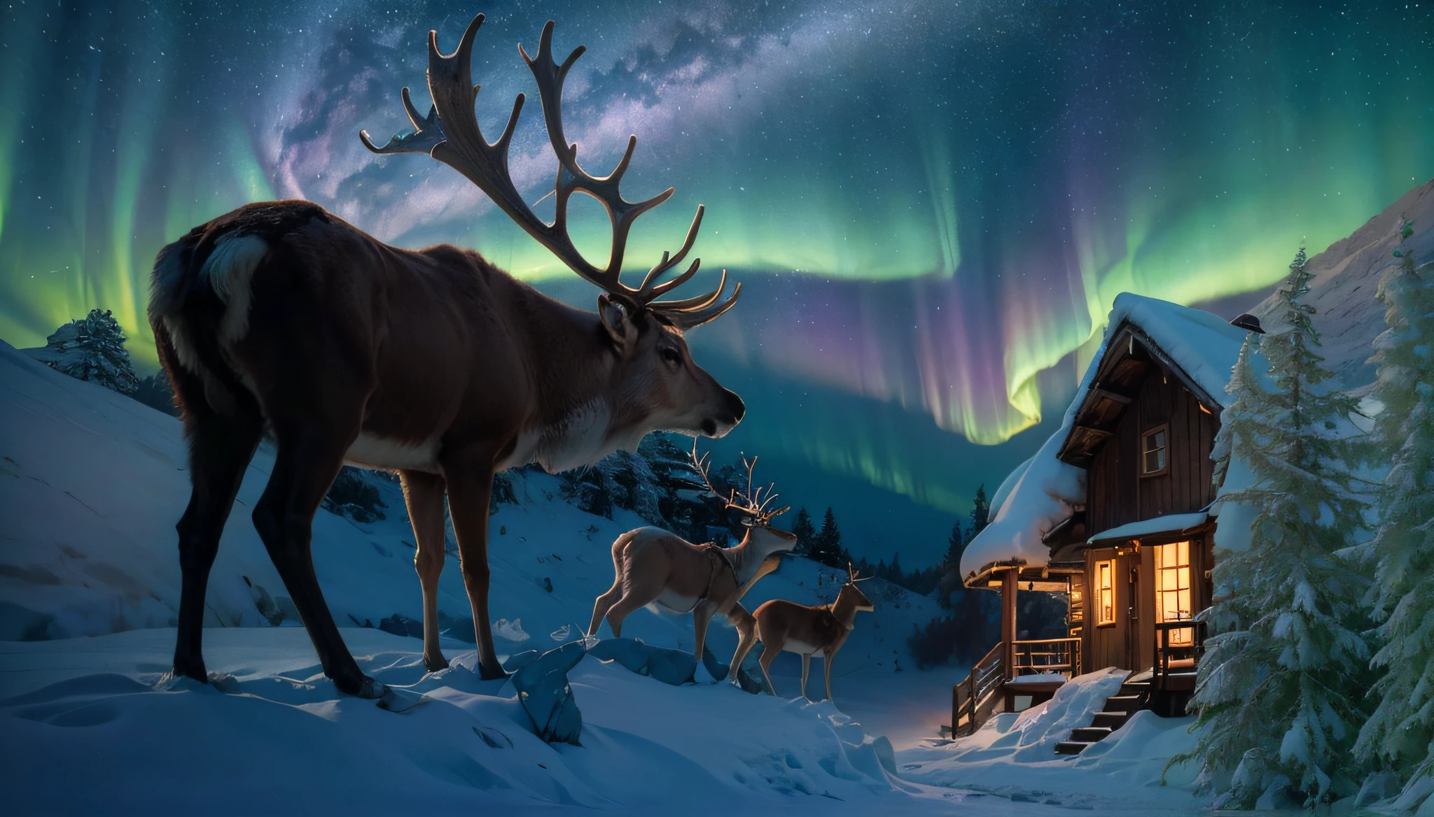 fantastic fantasy art,brown reindeer in the foreground,There are several reindeer at the halfway point,２story log cabin,log cabin,Beautiful aurora borealis in jade color, Mysteriously shining aurora borealis,mountains rising in the background々々々々々々々々々々々々々々々々々々々々, Winter wonderland,Vibrant colors,myst,themoon,intergalactic, breathtaking landscape, Peakful, Majestic beauty, Starry Night, ethereal glow, Miracle of nature, Wonders of Heaven, Vast natural phenomena, Silent Night, Gentle reflection, sparkling stars, Mystical charm