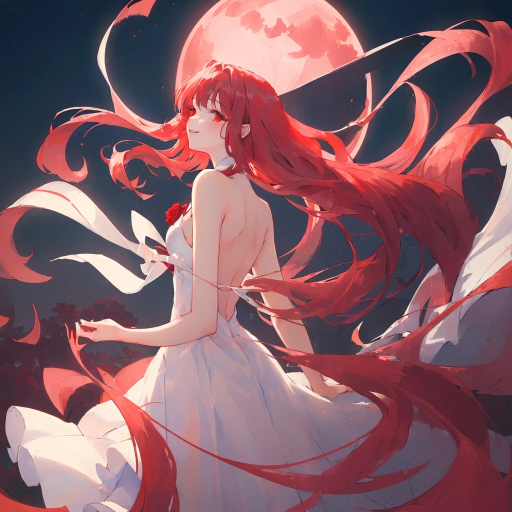 happy,(((masterpiece))),best quality,full body,white backless dress,(((Hair length to the shoulders))),looking back,red long hair, (1 girl),hand in own hair,rose garden,wind,red eye,looking up,((night sky)),((red moon))