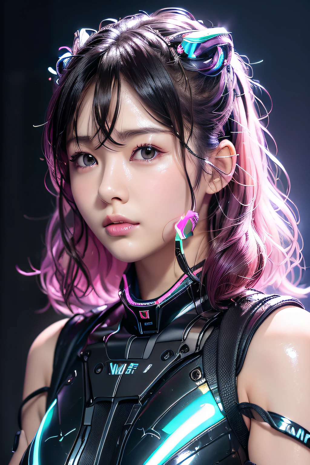 beautiful female semi-robot,cyborgs、android、机器人、high quality picture, masutepiece, detailed hair texture, Detailed skin texture, Detailed Cloth Texture, 8K, Add fabric details, ultra detailed skin texture, ultra detailed photographic, Skin pores, Portrait of a girl, wearing a strapless crystal suit bodysuit,　((Shiny skin)) 、littlegirl、Slimed、flat body、12-year-old girl,　(Pitch black background)、Loli with an elementary school face、Cool Face、a choker、Drill Hair、Brown eyes,　(ultra-detailliert, Glow:1.4),　with round face、Looking at Viewer, Cyberpunk, High contrast, low illuminance, Highly detailed, Stunned face、((Puffs out the cheeks)), ((Armbands:1.3))、neon hair clip,​masterpiece、top-quality、
1girll,Ives Girl,mechs,beautiful  lighting,(Neon light:1.2),(natta:1.5),