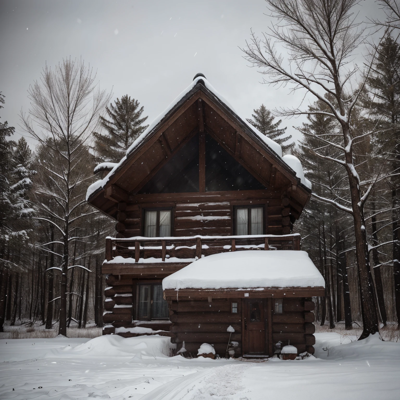 Dark, snowy night. The wind howls through the bare trees, and the snow falls heavily, blanketing the landscape. A lone cabin stands in isolation, surrounded by an eerie silence