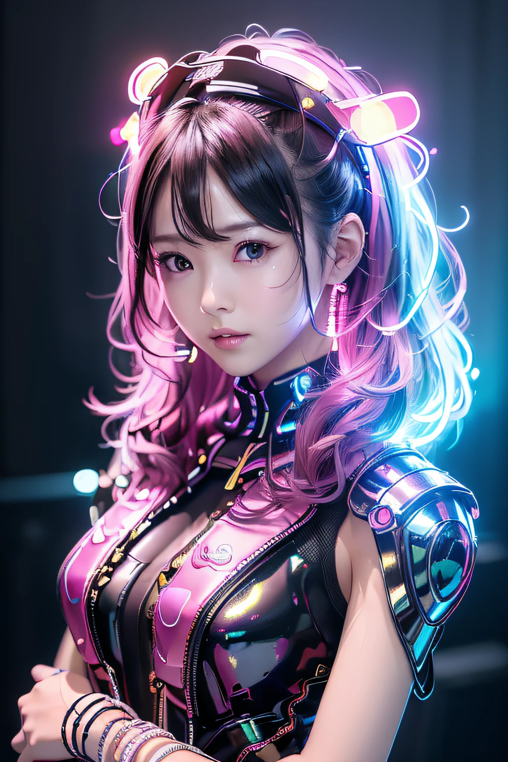 beautiful female semi-robot,cyborgs、android、机器人、high quality picture, masutepiece, detailed hair texture, Detailed skin texture, Detailed Cloth Texture, 8K, Add fabric details, ultra detailed skin texture, ultra detailed photographic, Skin pores, Portrait of a girl, wearing a strapless crystal suit bodysuit,　((Shiny skin)) 、littlegirl、Slimed、flat body、12-year-old girl,　(Pitch black background)、Loli with an elementary school face、Cool Face、a choker、Drill Hair、Brown eyes,　(ultra-detailliert, Glow:1.4),　with round face、Looking at Viewer, Cyberpunk, High contrast, low illuminance, Highly detailed, Stunned face、((Puffs out the cheeks)), ((Armbands:1.3))、neon hair clip,​masterpiece、top-quality、
1girll,Ives Girl,mechs,beautiful  lighting,(Neon light:1.2),(natta:1.5),