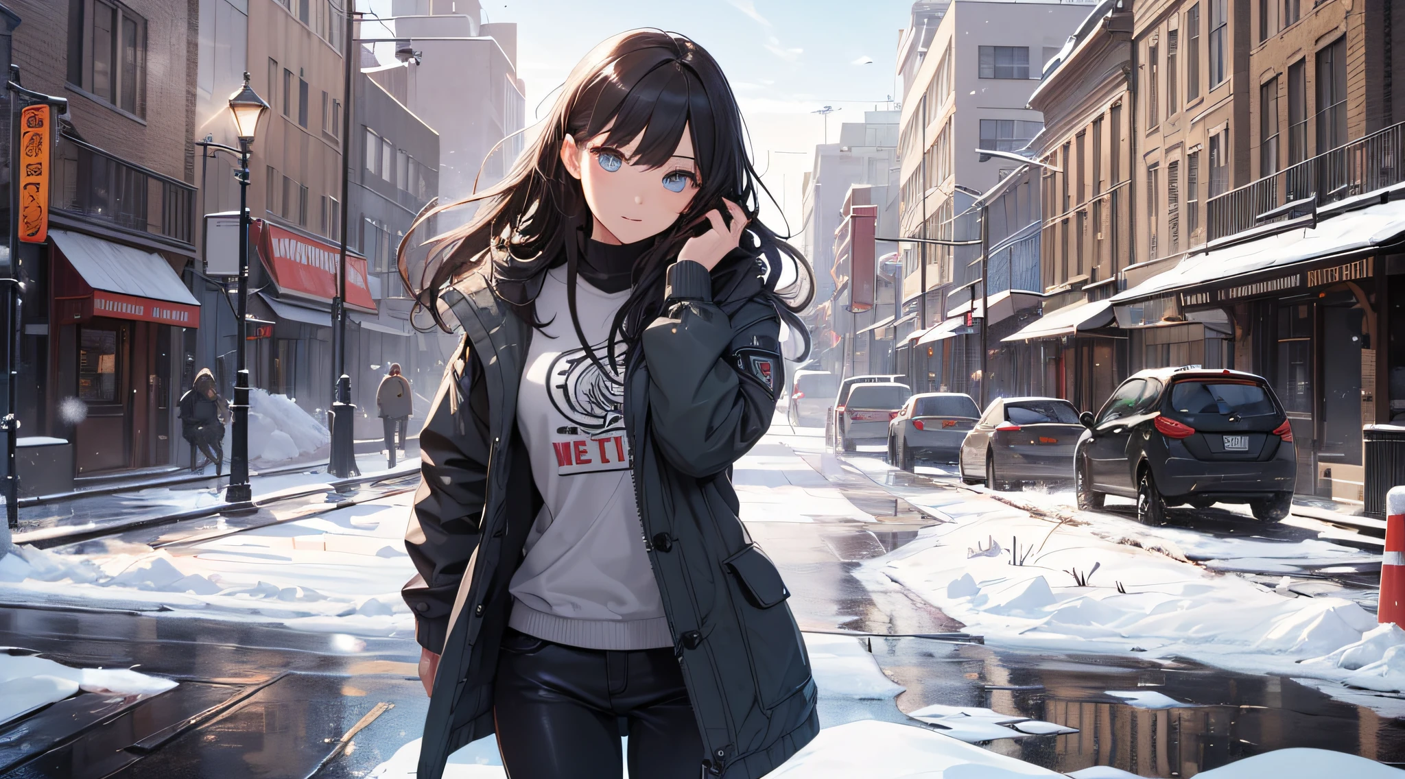 top-quality、Top image quality、masterpiece、Teenage girl((Black Duffel Coat、Black tank top、black trousers、holding a torch、18year old、 Ager、Best Bust、big bast,Beautiful light blue eyes, Long Black Hair、A slender,Large valleys、Reflecting the whole body)),hiquality、Beautiful Art、Background with((snow blowing、glowing sun、City of Ice、Yuki))masterpiece、depth of fields,Japan Anime Style