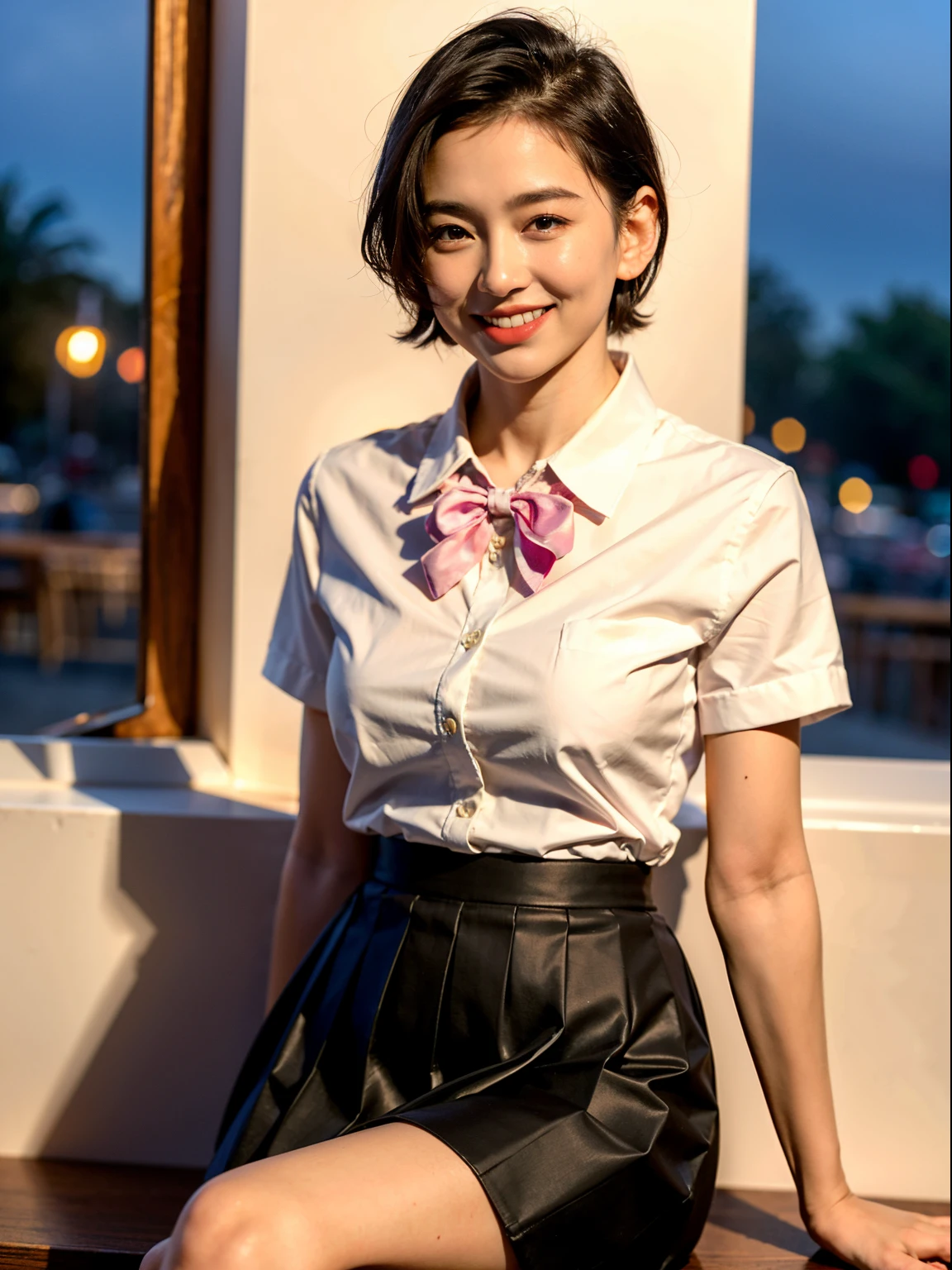 (8K, RAW photo, Best Quality, Masterpiece: 1.2), (Realistic, Photorealistic: 1.37), Ultra HD, 1 girl, Cute, Solo, Beautiful sky, Detailed cafe, Night, Sitting, date, (nose lip), (smile: 1.1), (closed), medium breasts, beautiful eyes, (collared shirt: 1.1), bow tie, pleated skirt, (short hair: 1.2), floating hair