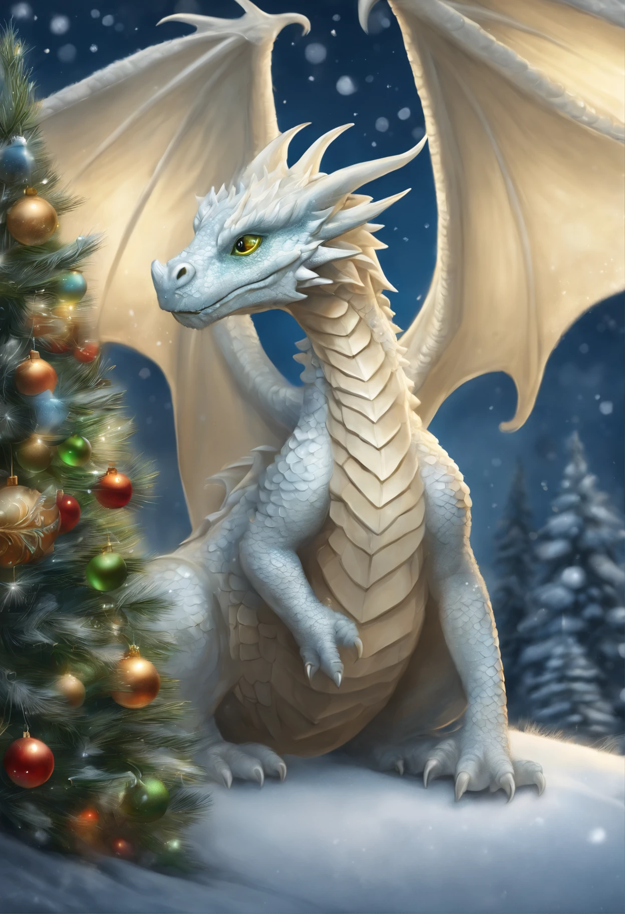 There is a small snow dragon, a little dragon stands by the Christmas tree and the snow is falling, Little dragon hangs crystal balls on the Christmas tree, gifts near the Christmas tree., little dragon near the Christmas tree, hung with crystal glowing balls, realistic fantasy illustration, Cute little snow dragon, by Adam Marczyński, Author: Kerembeyit, hyperrealistic fantasy art, adorable digital painting, Portrait of a Dragon, baby dragon portrait, Laszlo Balog, realistic fantasy painting, dragon art