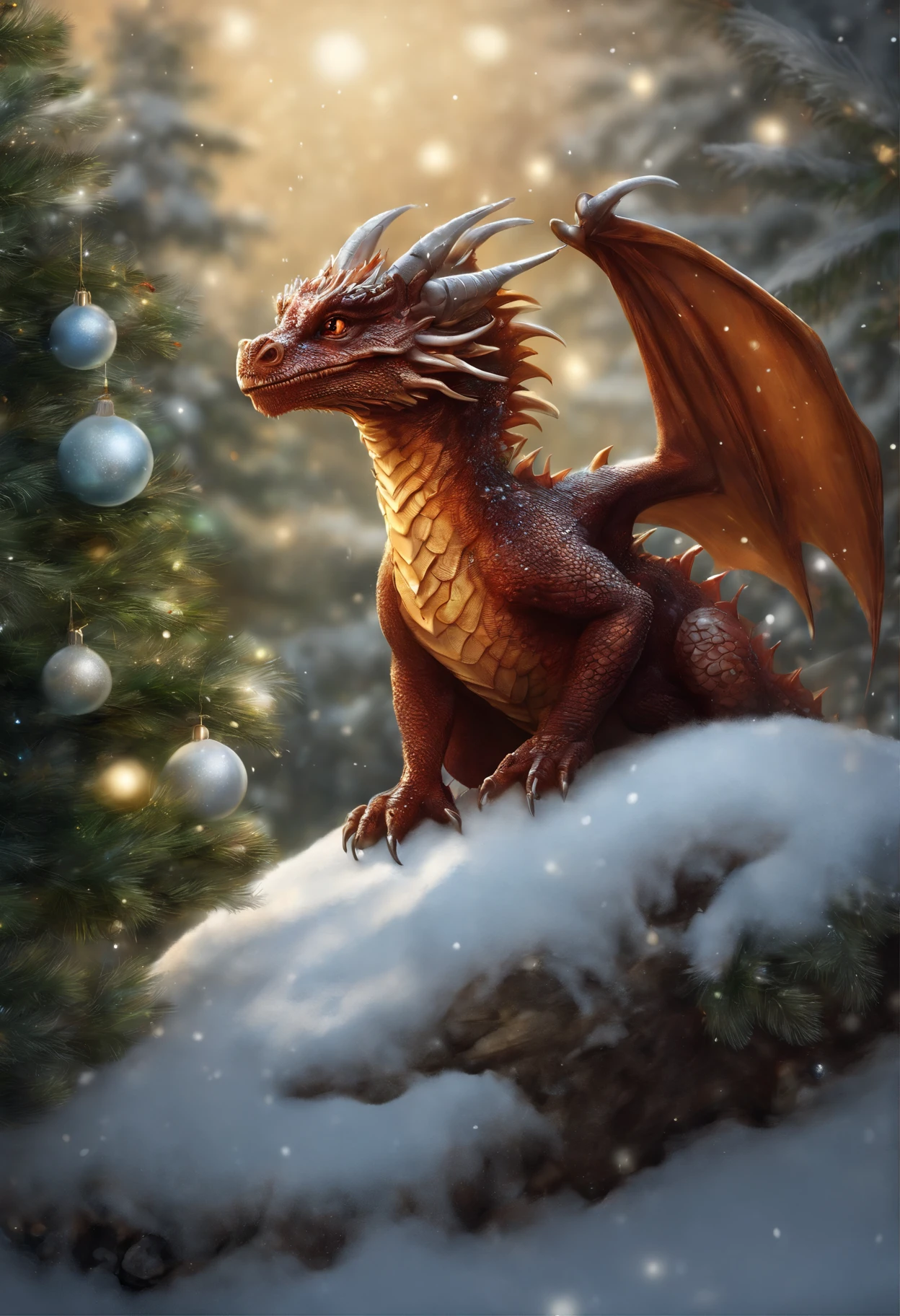 There is a small snow dragon, a little dragon stands by the Christmas tree and the snow is falling, Little dragon hangs crystal balls on the Christmas tree, gifts near the Christmas tree., little dragon near the Christmas tree, hung with crystal glowing balls, realistic fantasy illustration, Cute little snow dragon, by Adam Marczyński, Author: Kerembeyit, hyperrealistic fantasy art, adorable digital painting, Portrait of a Dragon, baby dragon portrait, Laszlo Balog, realistic fantasy painting, dragon art