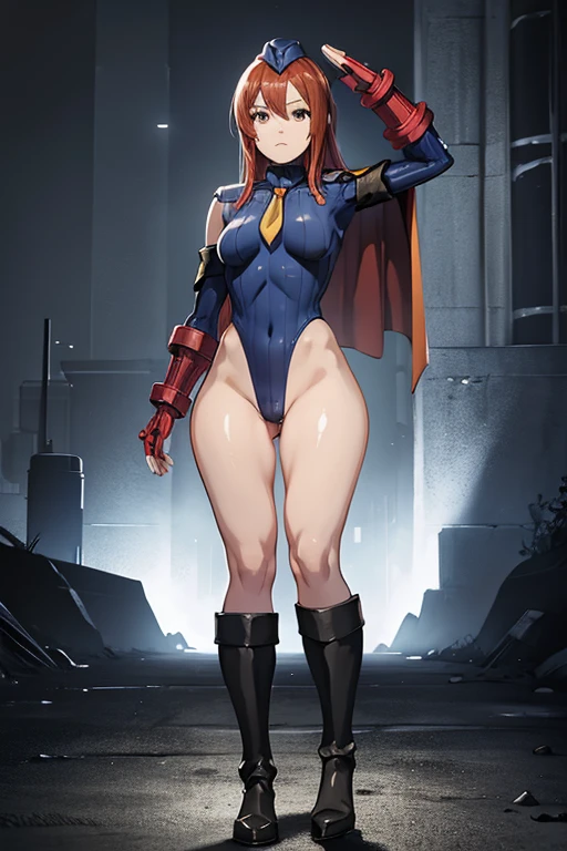 ultra-detailed, Explicit, Beautiful body, Beautiful Nose, Beautiful character design, perfect eyes, perfect face, ultra highres, 4K, beautiful legs, perfect legs, Nice hands, Perfect hand, Masterpiece, Best Quality, Highly detailed, illustration, absurdres, street fighter, doll suit, shadaloo doll, dollsuit, girls, multiple girls, expressionless, blank eyes, looking at viewer, red gloves, emotionless, black latex, corrution, mind control, female combatant, full body, hypnotized, unhappy trance, full body suit, ribbed bodysuit, both arms at side, stand up straight, obey, perfect female body, extremely glossy latex, hypnosis, hypnoLora, empty eyes, Mind control device, poses, brainwashed, submissive_pose, Slave, hat, necktie, stand up straight, standing, standing at attention, belt, extending the right arm from the shoulder into the air with a straightened hand, nazi saluting, military, military saluting, salute, right hand saluting, left hand at side, latex, garter belt, thighhighs, MaleniaDef, armor, cape, helmet, prothestic leg, single mechanical arm, prosthesis, Malenia, Elden Ring, red hair, long hair