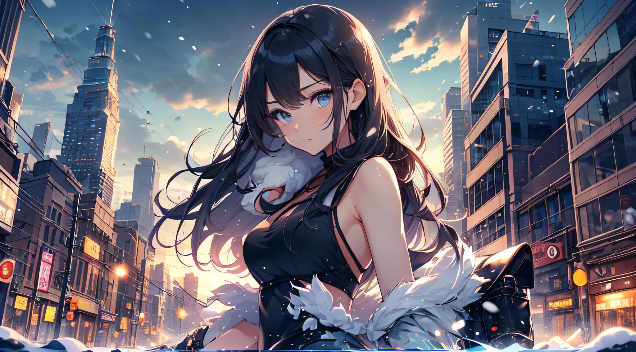 top-quality、Top image quality、masterpiece、Teenage girl((Black Duffel Coat、Black tank top、black trousers、holding a torch、18year old、 Ager、Best Bust、big bast,Beautiful light blue eyes, Long Black Hair、A slender,Large valleys、Reflecting the whole body)),hiquality、Beautiful Art、Background with((snow blowing、glowing sun、city nigth 、Yuki))masterpiece、depth of fields,Japan Anime Style